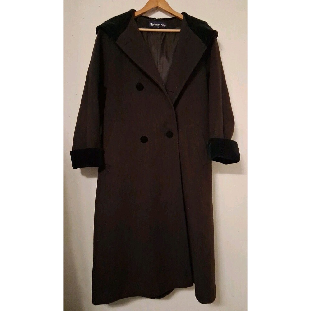 Herman Kay Women’s Size M (6) Vintage  Wool Coat Hooded Doublebreasted Brown Blk